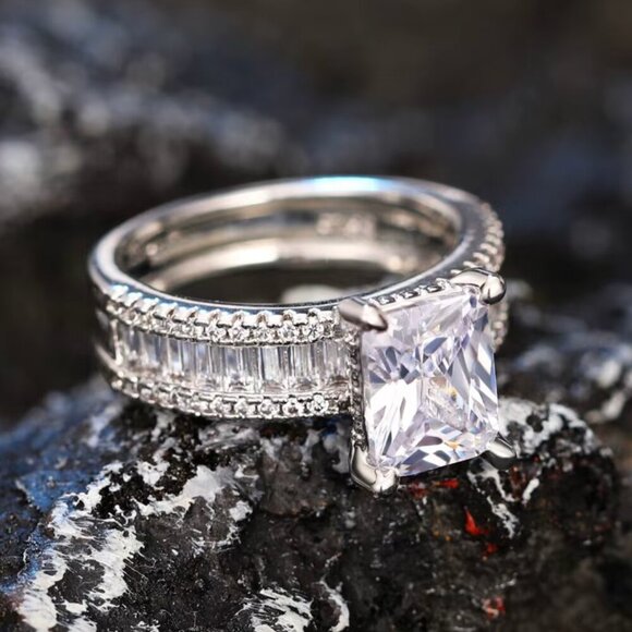 14k White Gold Diamond Ring Baguette & Emerald Cut Ring Band - Picture 7 of 10